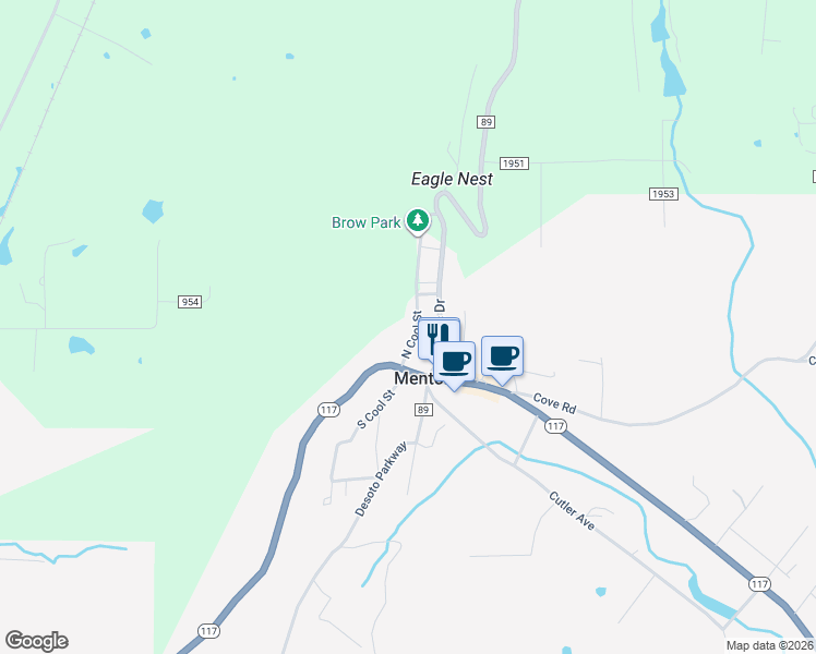 map of restaurants, bars, coffee shops, grocery stores, and more near 97 North Cool Street in Mentone