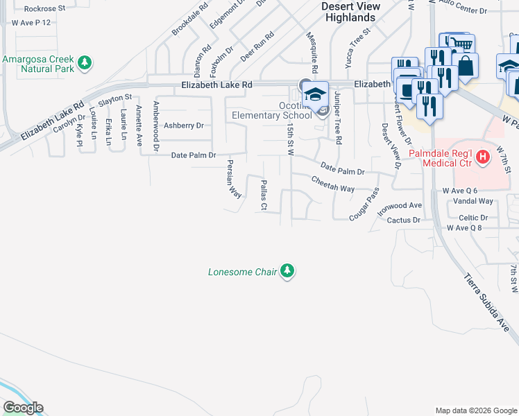 map of restaurants, bars, coffee shops, grocery stores, and more near 1557 Caracal Way in Palmdale