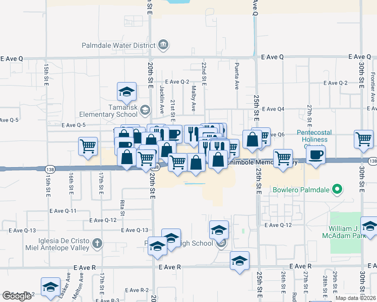 map of restaurants, bars, coffee shops, grocery stores, and more near 2133 East Palmdale Boulevard in Palmdale