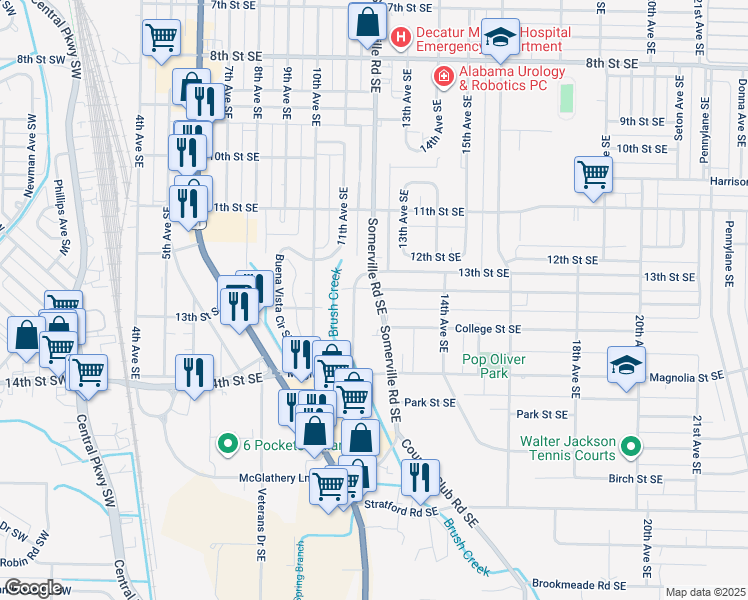 map of restaurants, bars, coffee shops, grocery stores, and more near 1603 Somerville Road Southeast in Decatur