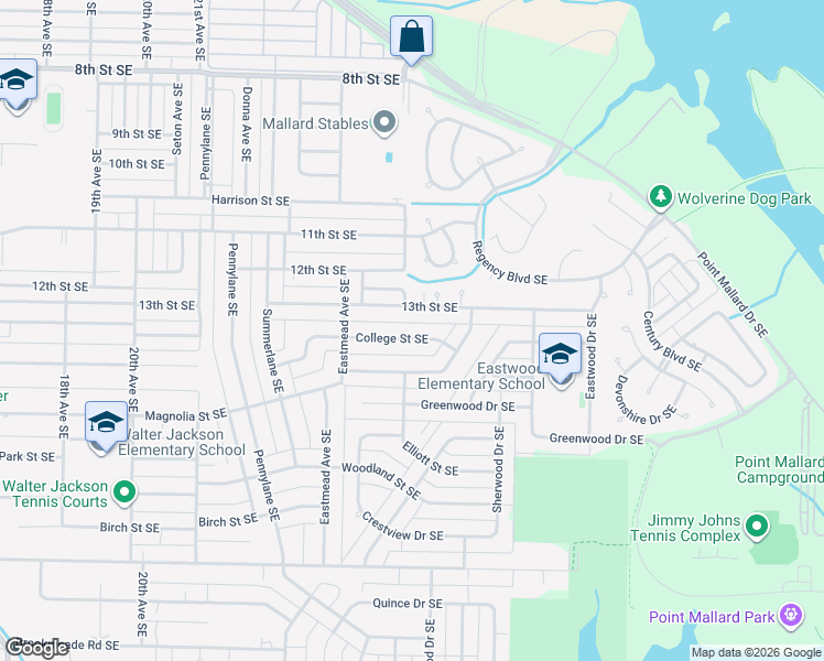 map of restaurants, bars, coffee shops, grocery stores, and more near 2402 College Street Southeast in Decatur