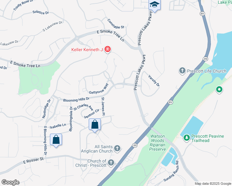 map of restaurants, bars, coffee shops, grocery stores, and more near 2105 Blooming Hills Drive in Prescott