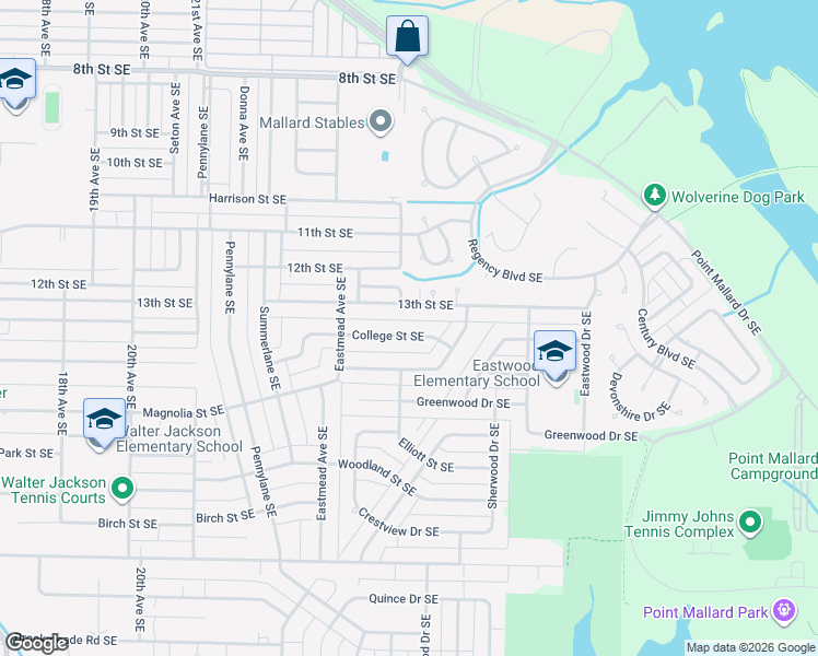 map of restaurants, bars, coffee shops, grocery stores, and more near 2402 College Street Southeast in Decatur