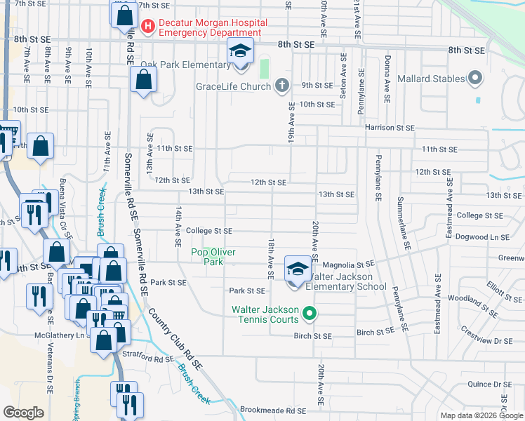 map of restaurants, bars, coffee shops, grocery stores, and more near 1801 North Street Southeast in Decatur