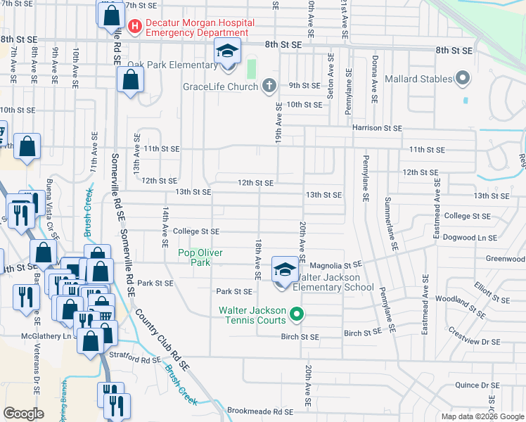 map of restaurants, bars, coffee shops, grocery stores, and more near 1801 North Street Southeast in Decatur