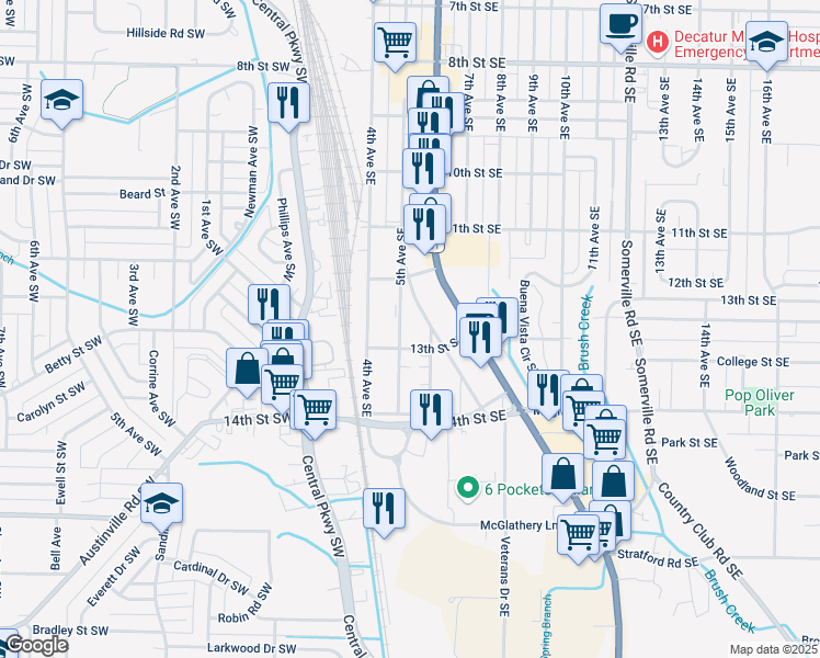 map of restaurants, bars, coffee shops, grocery stores, and more near 412 13th Street Southeast in Decatur