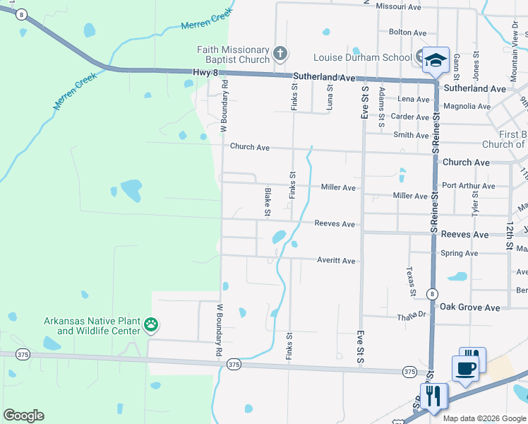 map of restaurants, bars, coffee shops, grocery stores, and more near 809 Blake Street in Mena