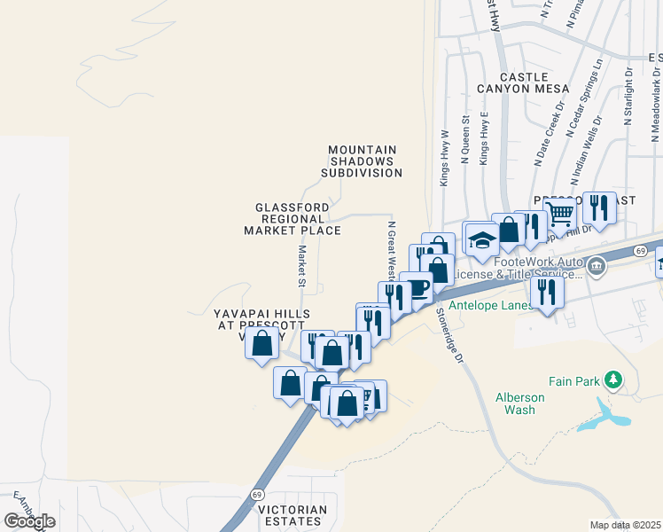 map of restaurants, bars, coffee shops, grocery stores, and more near 3198-3100 N Malapai Dr in Prescott Valley