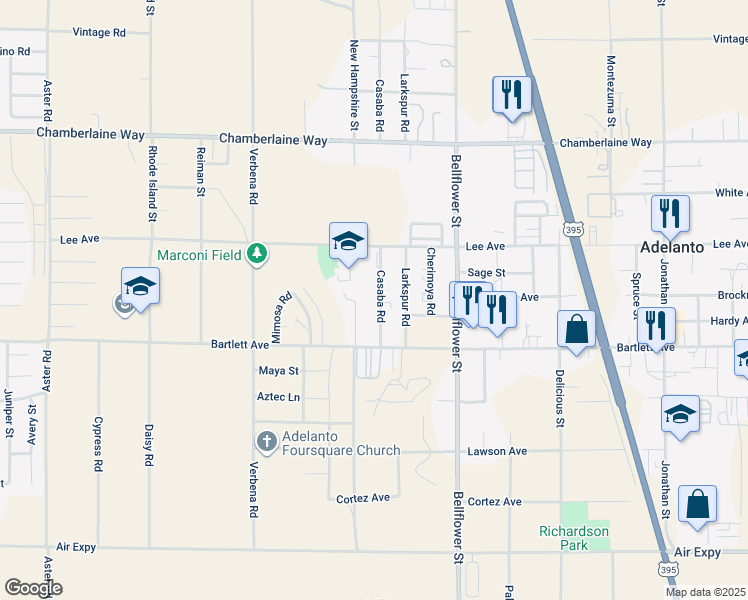 map of restaurants, bars, coffee shops, grocery stores, and more near 18195 Casaba Road in Adelanto