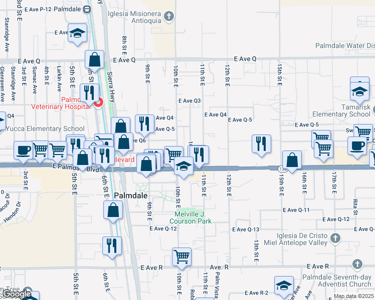 map of restaurants, bars, coffee shops, grocery stores, and more near 38444 10th Street East in Palmdale