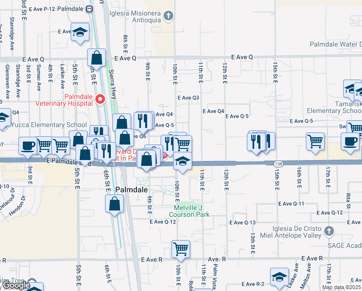 map of restaurants, bars, coffee shops, grocery stores, and more near 38444 10th Street East in Palmdale