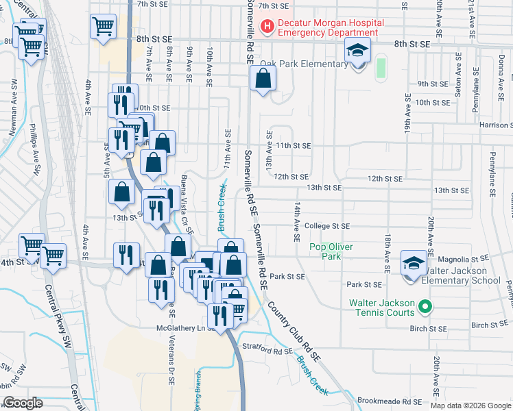 map of restaurants, bars, coffee shops, grocery stores, and more near 1603 Somerville Road Southeast in Decatur