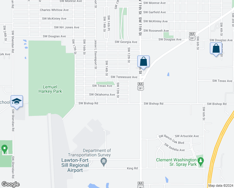 map of restaurants, bars, coffee shops, grocery stores, and more near 1223 Southwest Oklahoma Avenue in Lawton