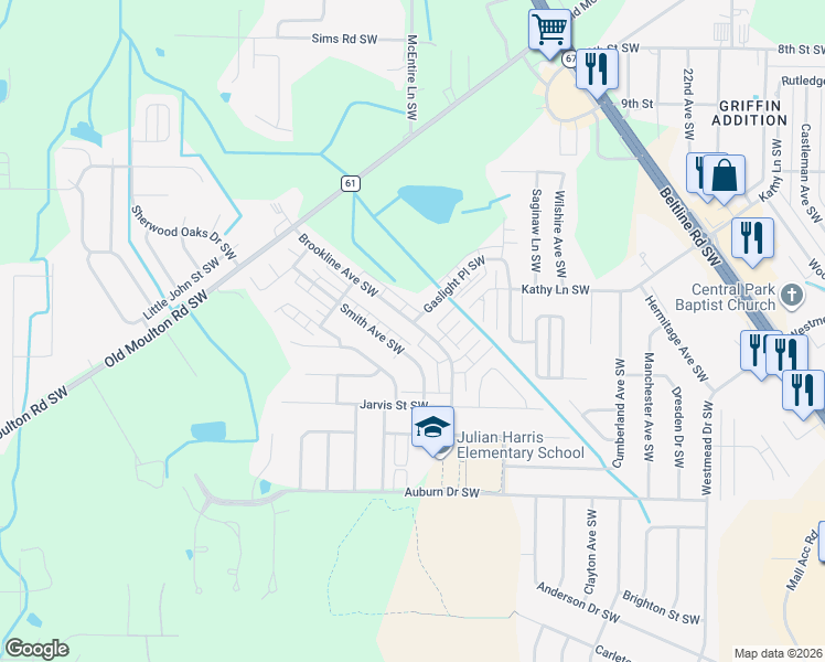 map of restaurants, bars, coffee shops, grocery stores, and more near 1602 Brookline Avenue Southwest in Decatur