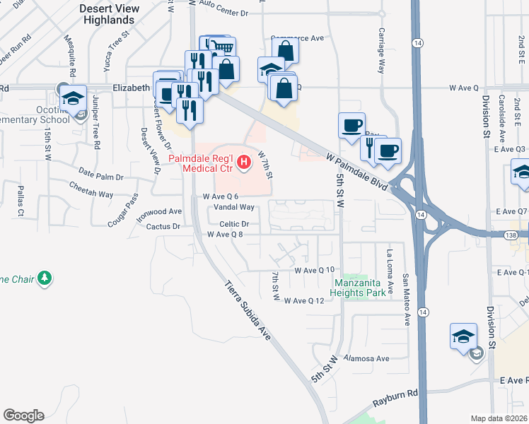 map of restaurants, bars, coffee shops, grocery stores, and more near 38442 Wakefield Place in Palmdale
