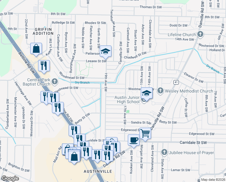 map of restaurants, bars, coffee shops, grocery stores, and more near 1711 Westmead St SW in Decatur