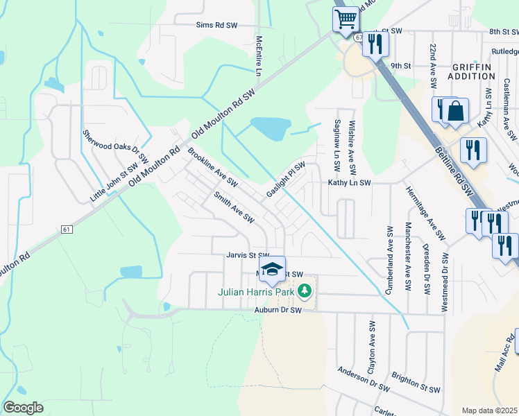 map of restaurants, bars, coffee shops, grocery stores, and more near 1423 Brookline Avenue Southwest in Decatur
