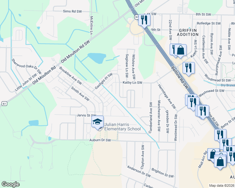 map of restaurants, bars, coffee shops, grocery stores, and more near 1827 Brownstone Avenue Southwest in Decatur