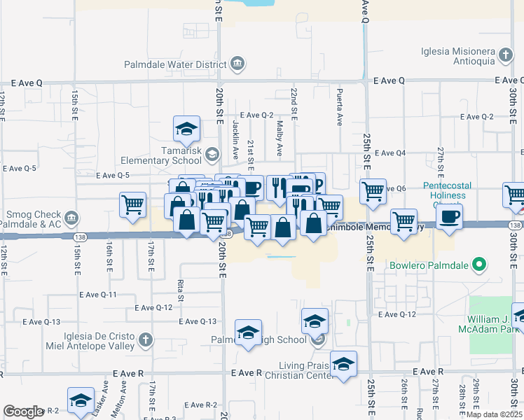 map of restaurants, bars, coffee shops, grocery stores, and more near 2053 East Palmdale Boulevard in Palmdale
