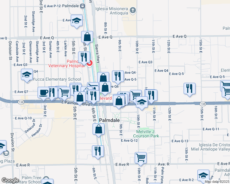 map of restaurants, bars, coffee shops, grocery stores, and more near 819 Avenue Q-7 in Palmdale