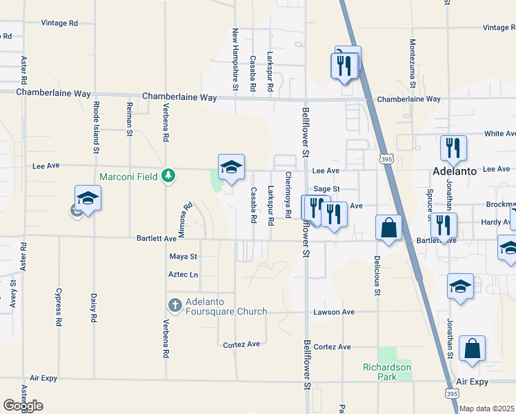 map of restaurants, bars, coffee shops, grocery stores, and more near 18195 Casaba Road in Adelanto