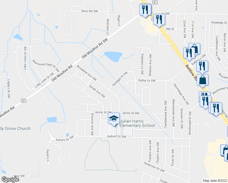 map of restaurants, bars, coffee shops, grocery stores, and more near 1602 Brookline Avenue Southwest in Decatur