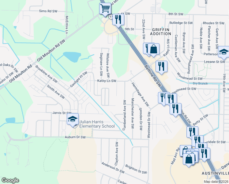 map of restaurants, bars, coffee shops, grocery stores, and more near 1811 Chandler Court Southwest in Decatur