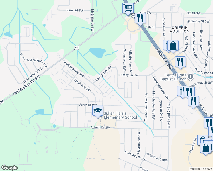 map of restaurants, bars, coffee shops, grocery stores, and more near 2409 Brookline Court South West in Decatur