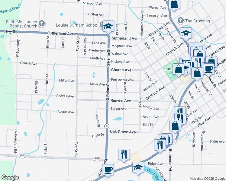 map of restaurants, bars, coffee shops, grocery stores, and more near 1505 Hamilton Avenue in Mena