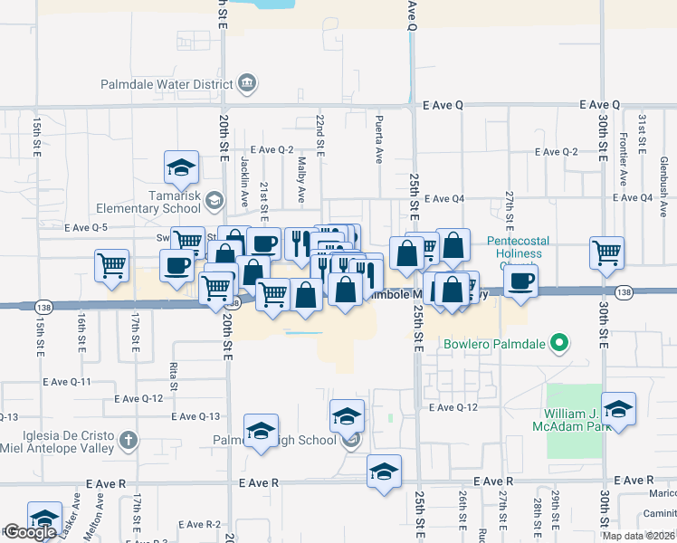 map of restaurants, bars, coffee shops, grocery stores, and more near 2211 East Palmdale Boulevard in Palmdale