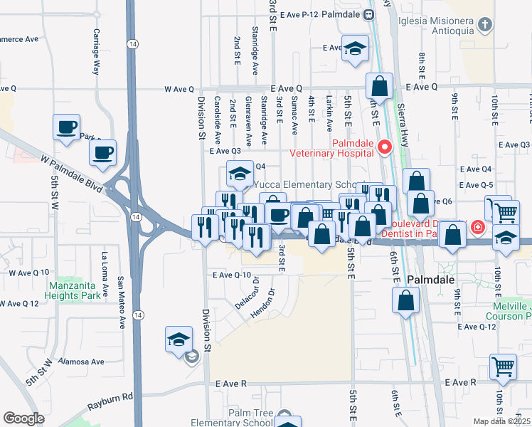 map of restaurants, bars, coffee shops, grocery stores, and more near 222 East Avenue Q7 in Palmdale