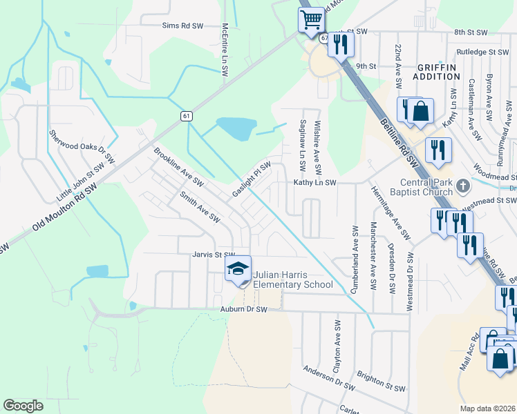 map of restaurants, bars, coffee shops, grocery stores, and more near 2409 Brookline Court South West in Decatur