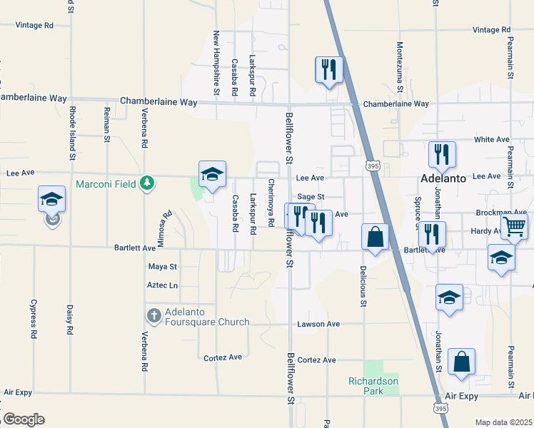 map of restaurants, bars, coffee shops, grocery stores, and more near 18200 Cherimoya Road in Adelanto