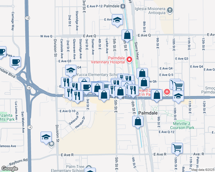 map of restaurants, bars, coffee shops, grocery stores, and more near 433 E Ave Q-7 in Palmdale