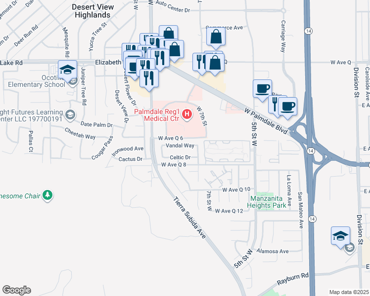 map of restaurants, bars, coffee shops, grocery stores, and more near 750 Vandal Way in Palmdale