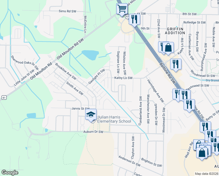 map of restaurants, bars, coffee shops, grocery stores, and more near 1827 Brownstone Avenue Southwest in Decatur
