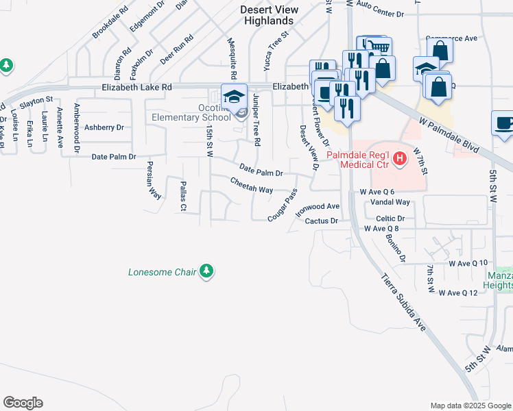 map of restaurants, bars, coffee shops, grocery stores, and more near 38444 Juniper Tree Road in Palmdale