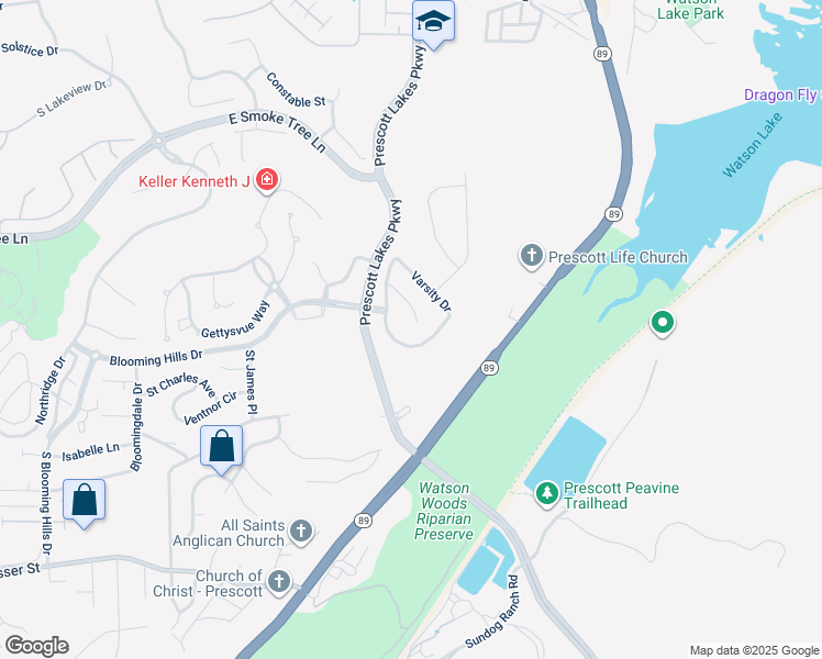 map of restaurants, bars, coffee shops, grocery stores, and more near 2225 Calgary Drive in Prescott