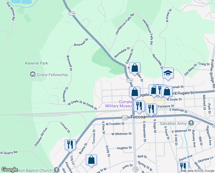 map of restaurants, bars, coffee shops, grocery stores, and more near 398 West Savannah Street in Toccoa