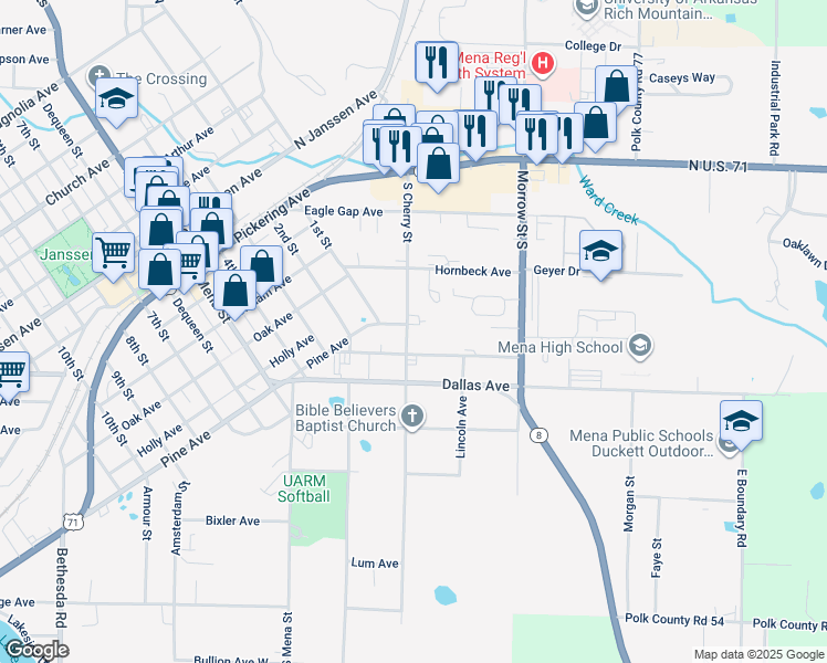 map of restaurants, bars, coffee shops, grocery stores, and more near 602 South Cherry Street in Mena