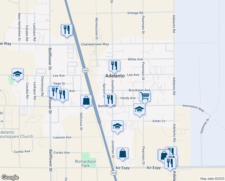 map of restaurants, bars, coffee shops, grocery stores, and more near Brockman Avenue in Adelanto