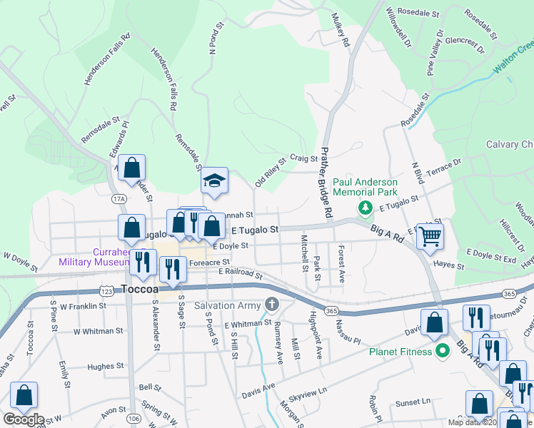 map of restaurants, bars, coffee shops, grocery stores, and more near East Savannah Street in Toccoa