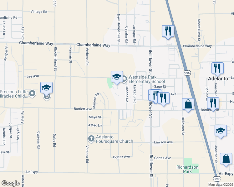 map of restaurants, bars, coffee shops, grocery stores, and more near 18206 Lilac Rd in Adelanto