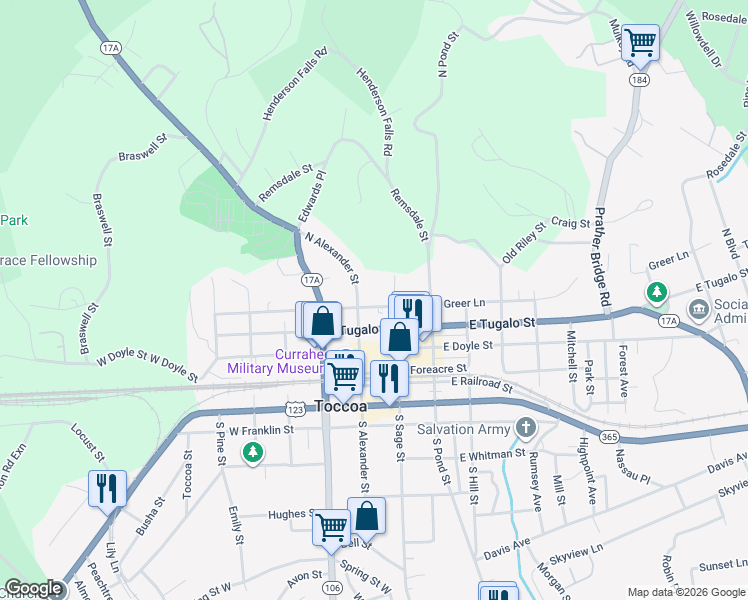 map of restaurants, bars, coffee shops, grocery stores, and more near 56 West Savannah Street in Toccoa