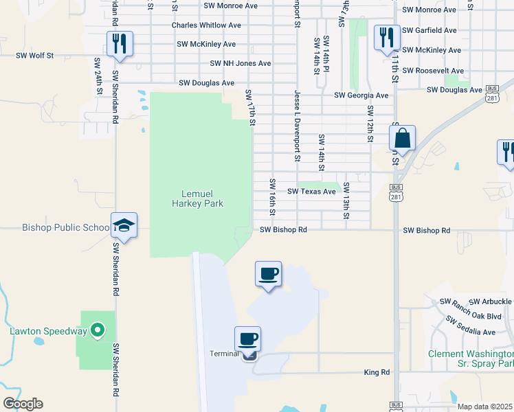 map of restaurants, bars, coffee shops, grocery stores, and more near 1611 Southwest Oklahoma Avenue in Lawton