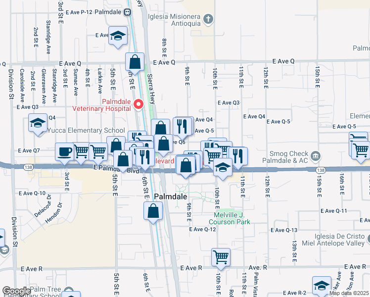 map of restaurants, bars, coffee shops, grocery stores, and more near 38453 9th Street East in Palmdale