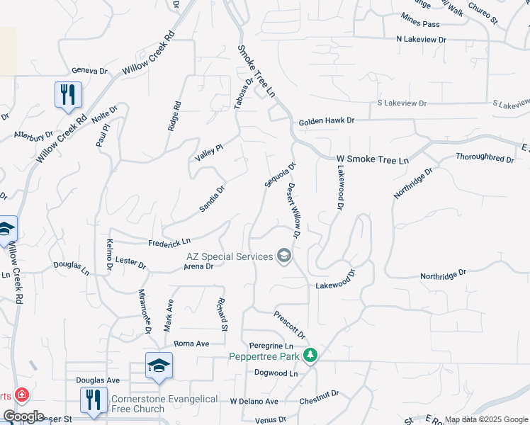 map of restaurants, bars, coffee shops, grocery stores, and more near 2365 Sequoia Drive in Prescott