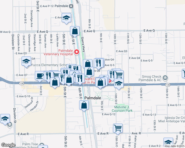 map of restaurants, bars, coffee shops, grocery stores, and more near in Palmdale