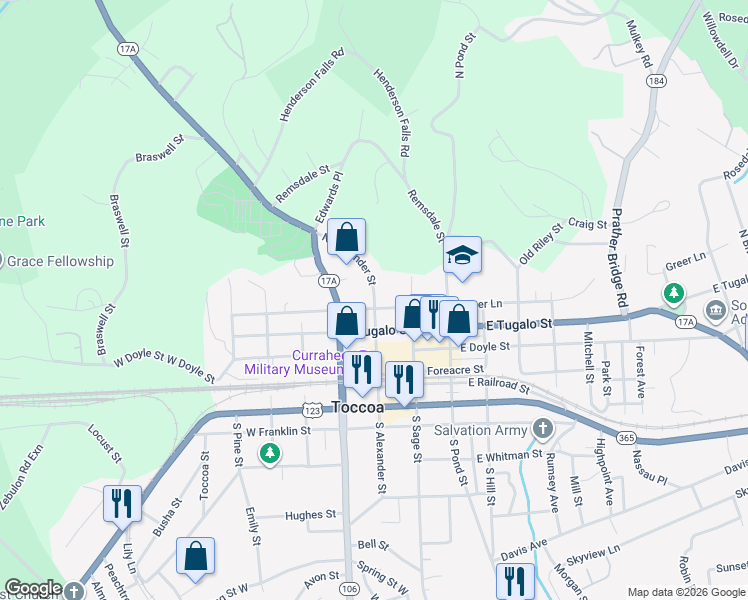 map of restaurants, bars, coffee shops, grocery stores, and more near 56 East Savannah Street in Toccoa