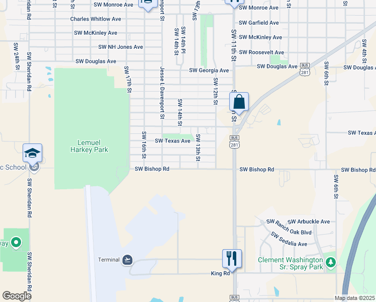 map of restaurants, bars, coffee shops, grocery stores, and more near 2602 Southwest 14th Street in Lawton